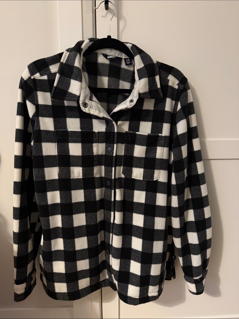 Lands End Black and White Buffalo Plaid Fleece Shirt Jacket